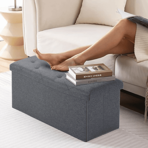 Folding Storage Ottoman Bench, Ottoman Foot Rest, End of Bed Bench, Storage Chest, with Flipping Lid, for Living Room, Bedroom, Entryway, 47 Inches, Gray
