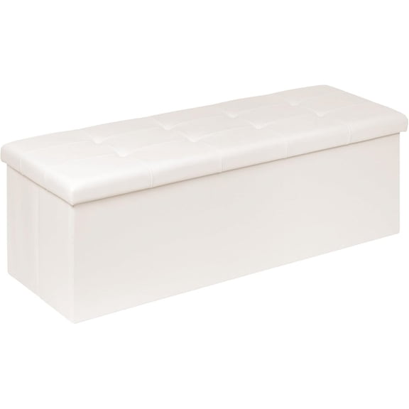 Folding Storage Ottoman Bench with Tray, 43.3inches Faux Leather Long Storage Chest Footrest Seat, Coffee Table, Foot of Bed Storage Bench for Living Room Bedroom, Beige