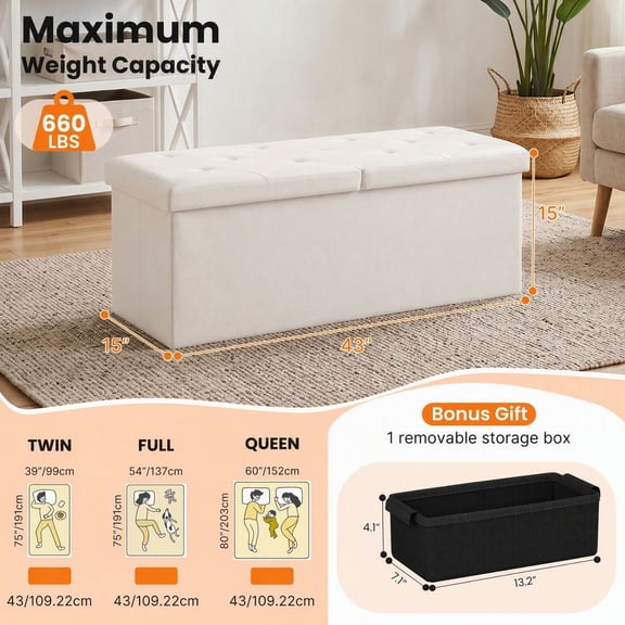 Folding Storage Ottoman, Compact Flip-Top Ottoman With Divider, Padded PVC Seat, Space-Saving Footrest Stool For Bedroom, Entryway, Living Room