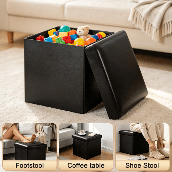 Folding Storage Ottoman Cube, 15 Inch Black Faux Leather Foot Stool with Lid, 220LBS Capacity Storage Bench for Living Room, Bedroom