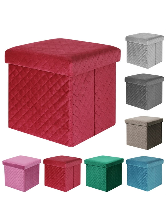 Folding Storage Ottoman Cube Velvet Tufted Space-Saving Toy Box Foot Rest Stool Seat for Home Bedroom, 11.8"