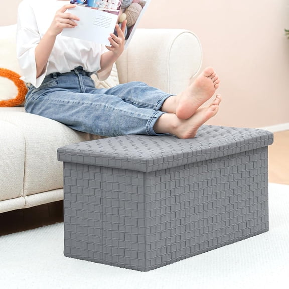 Folding Storage Ottoman, Faux Leather Footrest Long Storage Box Chest, 30"x15"x15"