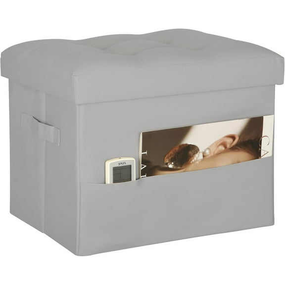 Folding Storage Ottoman. Foot Rest Stool with Thicker Foam Padded Seat. 330 lbs Leather Ottoman with Storage Bench for Living Room, Bedroom, Home Office Table, 17x13x13in, Grey