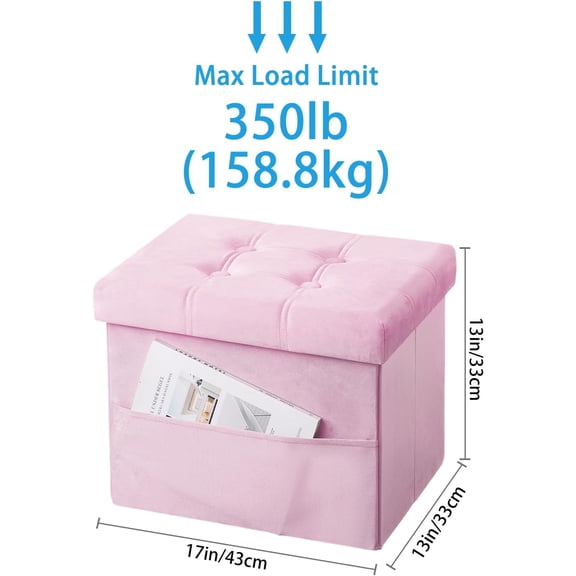 Folding Storage Ottoman Foot Stool Velvet Tufted Ottoman with Storage for Living Room Bedroom or Dorm,Foot Rest Velvet Stool with Side Pocket,17X13X13in, Pink+Teal