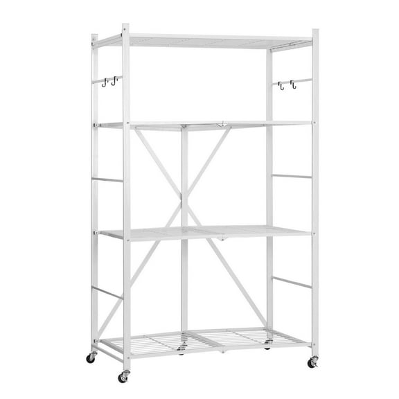 Folding Storage Shelf with Wheels 4-Tier White, Heavy Duty Mobile Organizer Shelf - 750lbs Capacity, No Assembly, Space Saving, Ideal for Home & Garage