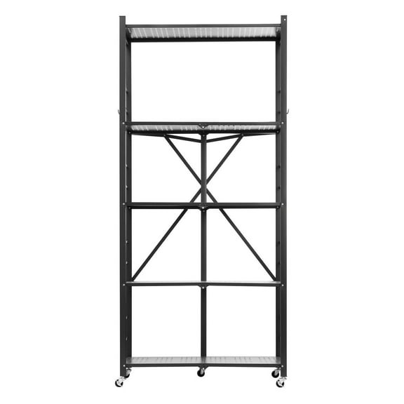 Folding Storage Shelf with Wheels 5-Tier Black - Heavy Duty Mobile Organizer Rack, 750lbs Capacity, No Assembly Needed, Space Saving for Home & Garage