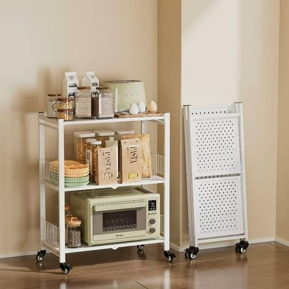 Folding Storage Shelves, 3-Tier Foldable Shelf Shelving Rack Organizer Rolling Wheels in Kitchen Warehouse Patio Pantry Basement Collapsible Shelves No Assembly (White, 3-Layer)