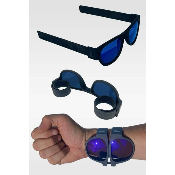 Folding Sunglasses with Slap Bracelet Arms - BLACK ARMS / REFLECTIVE LENSES