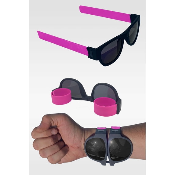 Folding Sunglasses with Slap Bracelet Arms - PINK ARMS / POLARIZED LENSES