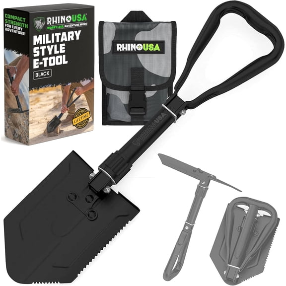Folding Survival Shovel w/Pick - Heavy Duty Carbon Steel Military Style Entrenching Tool for Off Road, Camping, Gardening, Beach, Digging Dirt, Sand, Mud & Snow.