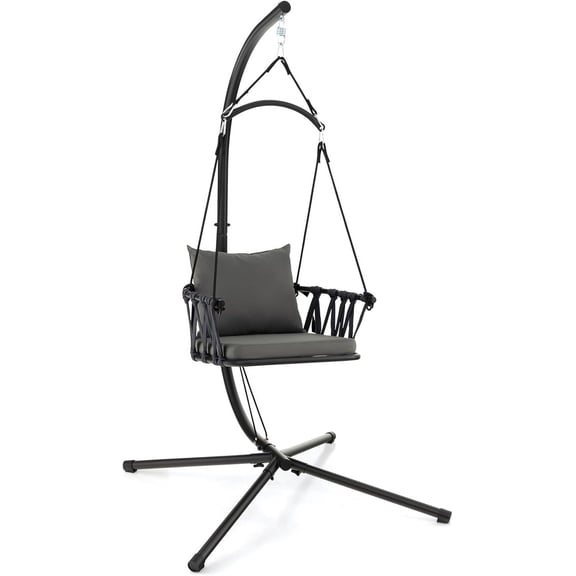 Folding Swing Chair with Stand Hanging Egg Chair with Cushion and Pillow Indoor Outdoor Hammock Chair with Steel Frame Grey