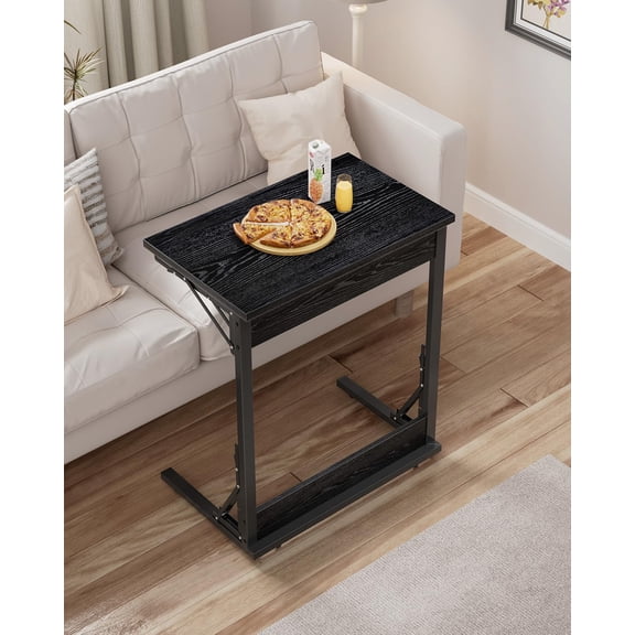 Folding TV Tray Table, 24" Wide C-Shaped End Table for Couches, Small Sofa-Side Laptop Desk with Metal Frame for Living Room, Bedroom,Black
