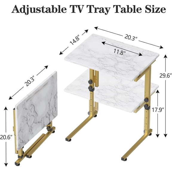 Folding TV Tray Table with 6 Height Adjustable C-Shaped Side Table for Sofa Bed, Portable Snack Desk with Sturdy MDF Top, No Assembly Required (White Marble + Gold)