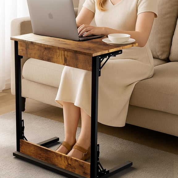 Folding TV Tray Table, Foldable C-Shaped End Table for Couches, Sofa-Side Laptop Desk with Metal Frame for Living Room, Bedroom, Pre-Assembled (23.6" W x 14.5" D x 27.5" H, Rustic Brown)