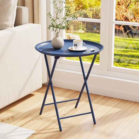 Folding TV Tray Table, Metal Round Side Table, Green Dinner Table with Metal Frame, Modern Outdoor Tray Table for Living Room, Bedroom, Patio & Small Spaces,