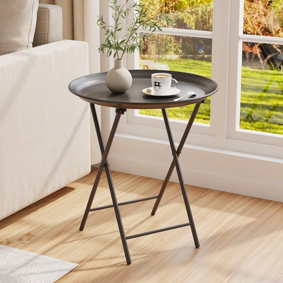 Folding TV Tray Table, Metal Round Side Table, Green Dinner Table with Metal Frame, Modern Outdoor Tray Table for Living Room, Bedroom, Patio & Small Spaces,