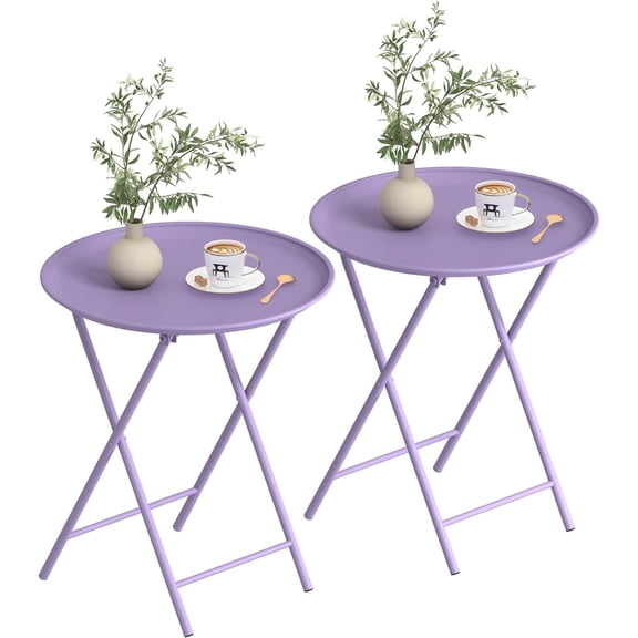 Folding TV Tray Table, Metal Round Side Table, Purple Dinner Table with Metal Frame, Modern Outdoor Tray Table for Living Room, Bedroom, Patio & Small Spaces, 2 Packs