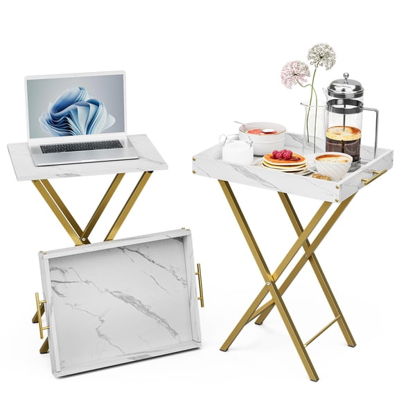 Folding TV Tray Table Set Of 2 With Removable Marble-Print Serving Tray White Goldtone Legs