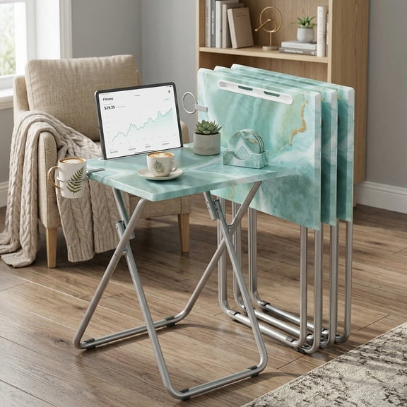 Folding TV Tray Table Set of 4 with MDF Marble Top, Portable Dinner Tables with Phone & Tablet Slot, No Assembly Required, 15x18.9x25.6 Inches