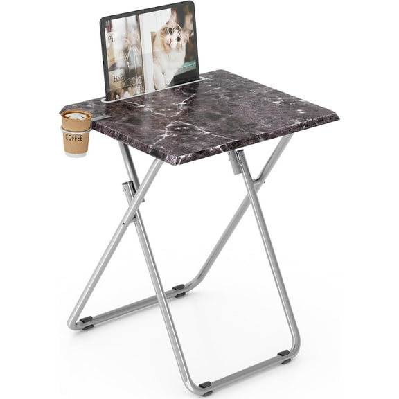 Folding TV Tray Table,TV Dinner Table with Sturdy MDF Top, Foldable Desk with Cup Holder Portable, Eating Trays for Living Room with No Assembly Required, 15 x 18.9 x 25.6 in (Black Marble)