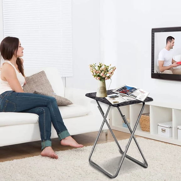 Folding TV Tray Table, TV Dinner Table with Sturdy MDF Top, Eating Trays for Living Room with No Assembly Required, 2PCS (Black Marble)