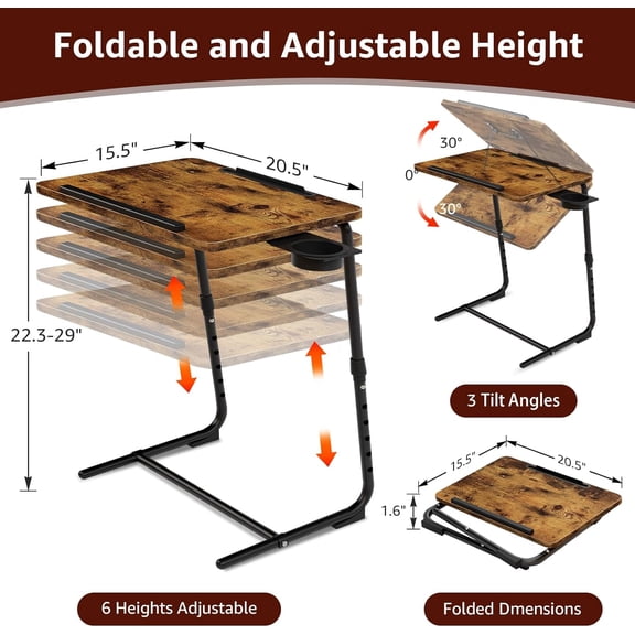Folding TV Tray Table with Adjustable Height and Cup Holder - Rustic Wood Finish Portable Dining Stand for Couch Bed Living Room
