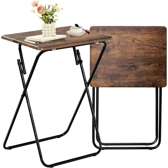 Folding TV Tray Tables Set of 2, Foldable Side Table Dinner Trays, Compact Snack Tables for Bed Couch Sofa, Stable Metal Frame Wooden Table Top, Space Saving, Vintage Brown