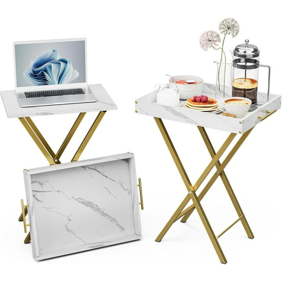Folding TV Tray Tables, Set of 2 Side Table for Small Place, Snack Eating Tables at Couch, Folding Tables with Removable Serving Tray, Portable End Table Easy Assembly