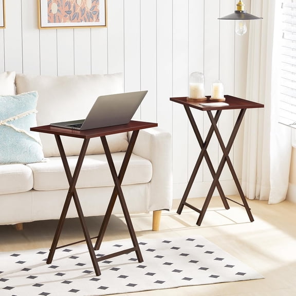 Folding TV Tray Tables, Set of 2 Side Table for Small Space, Industrial Snack Tables for Eating at Couch, Stable Metal Frame, Easy Assembly, Space Saving, Brown BR25BZ01