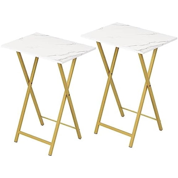 Folding TV Tray Tables, Set of 2 Side Table for Small Space, Industrial Snack Tables for Eating at Couch, Stable Metal Frame, Easy Assembly, Space Saving, Marble and Gold DM25BZ01