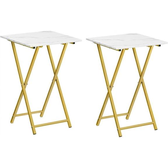 Folding TV Tray Tables, Set of 2 Wooden TV Tray, Portable Sofa Side Table, Industrial Snack Table End Table for Small Spaces, Space-Saving, Easy to Install and Fold, Marble and Gold