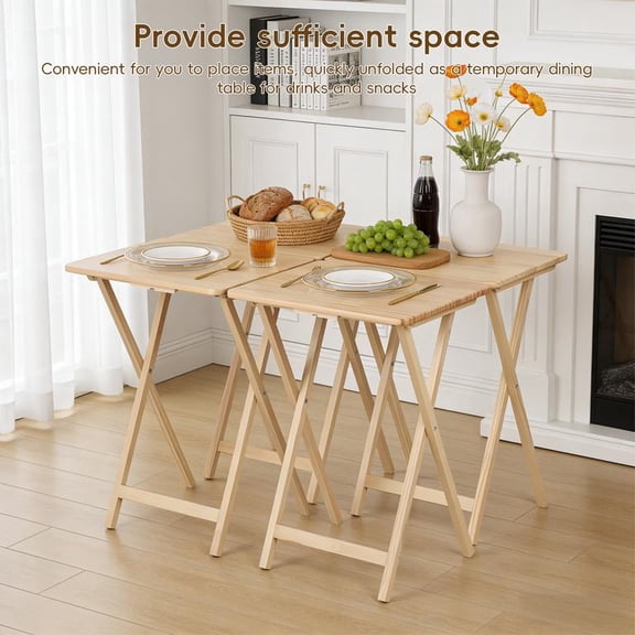 Folding TV Tray Tables Set of 4 Solid Wood Side Tables Pine Wood X-Shaped Support Sturdy Durable Foldable Storage Space Saving for Home Outdoor Multiple Scenarios