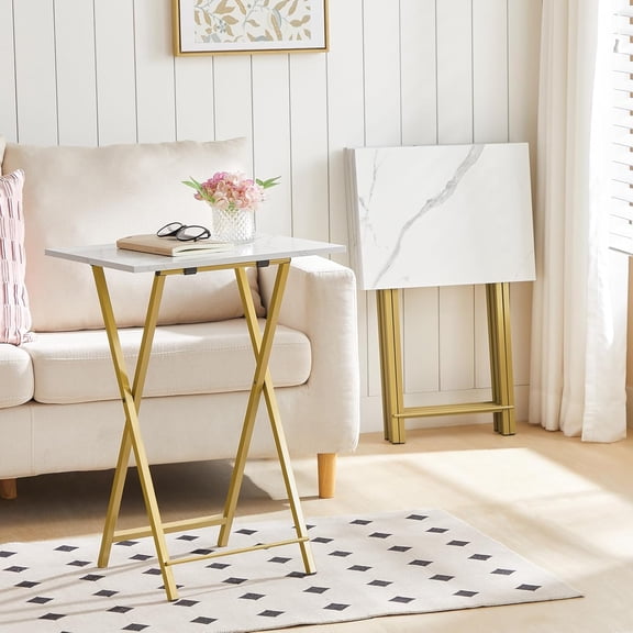 Folding TV Tray Tables Set of 4 with Storage Rack, Industrial Side Table for Eating at Couch, Foldable Snack Table for Small Space, Easy Assembly, Marble and Gold