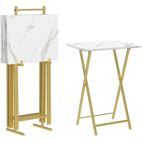 Folding TV Tray Tables, Set of 4 TV Trays with Storage Rack, Industrial Side Table for Eating at Couch, Foldable Snack Table for Small Space, Easy Assembly, Marble and Gold DM50BZ01