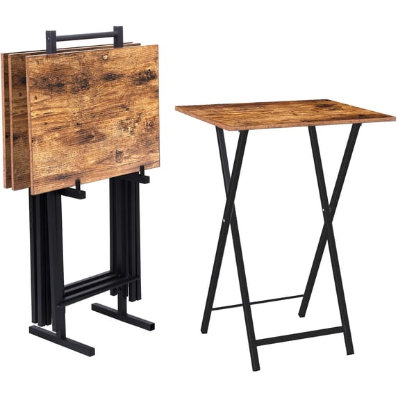 Folding TV Tray Tables, Set of 4 TV Trays with Storage Rack, Industrial Side Table for Eating at Couch, Foldable Snack Table for Small Space, Easy Assembly, Rustic Brown and Black BF50BZ01