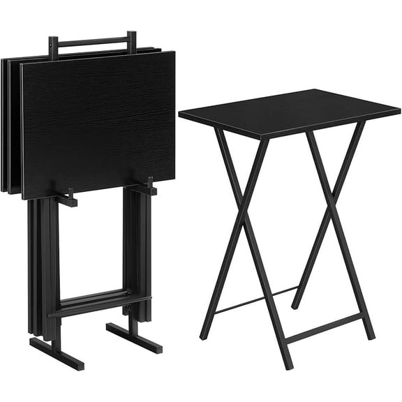 Folding TV Tray Tables, Set of 4 TV Trays with Storage Rack, Industrial Side Table for Eating at Couch, Foldable Snack Table for Small Space, Easy Assembly, Rustic Brown and Black BF50BZ01