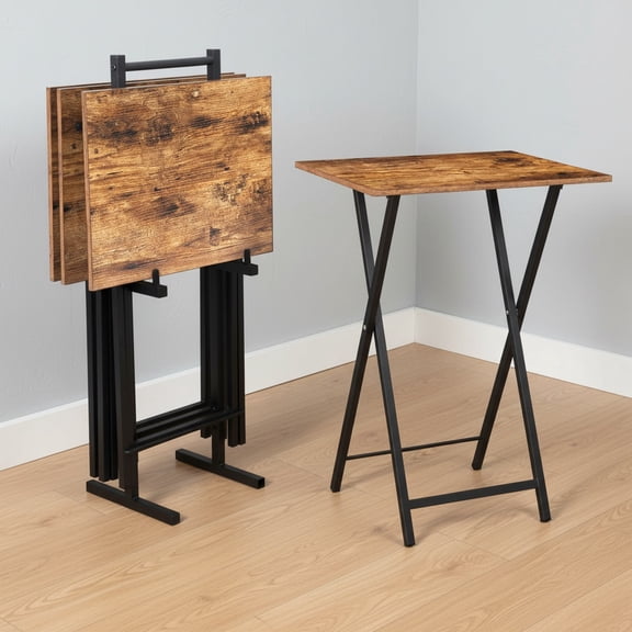 Folding TV Tray Tables, Set of 4 TV Trays with Storage Rack, Industrial Side Table for Eating at Couch, Foldable Snack Table for Small Space, Easy Assembly, Rustic Brown and Black