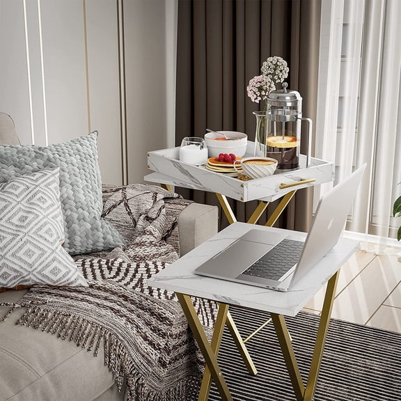 2-Piece Folding and Portable TV Tray Side Tables with Removable Serving Tray, White