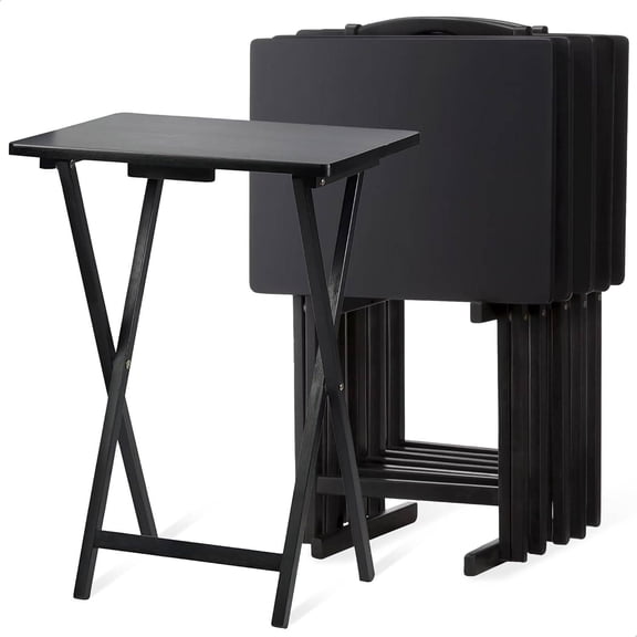 Unbranded Multifunctional Rectangular Folding Solid Wood TV Tray Snack Tables with Storage Rack, Set of 5, Black