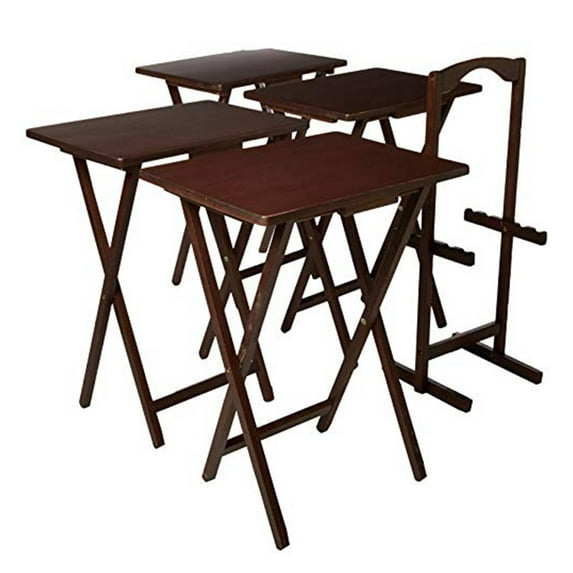 Folding TV Tray Tables with Compact Storage Rack, Walnut, 5 Piece Set