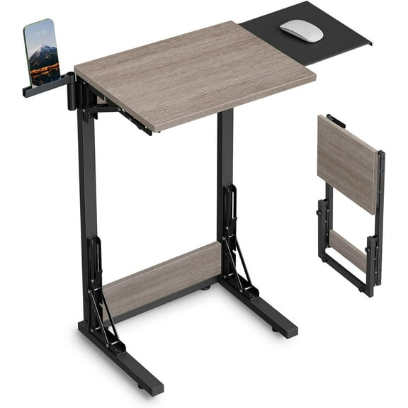 Folding TV Tray for Eating, Foldable Laptop Table with Mouse Tray for Work, C Shaped End Table Couch Desk for Living Room, Bedroom, Greige