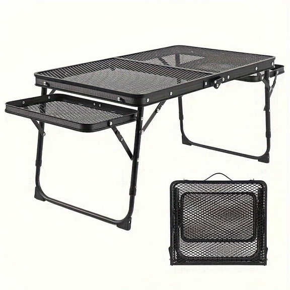 Folding Table With 2 Wings, Camping Table With Mesh Top, Folding Barbecue Table With Adjustable Height, Portable Outdoor Table For Picnics, Camping, Barbecues, Beach