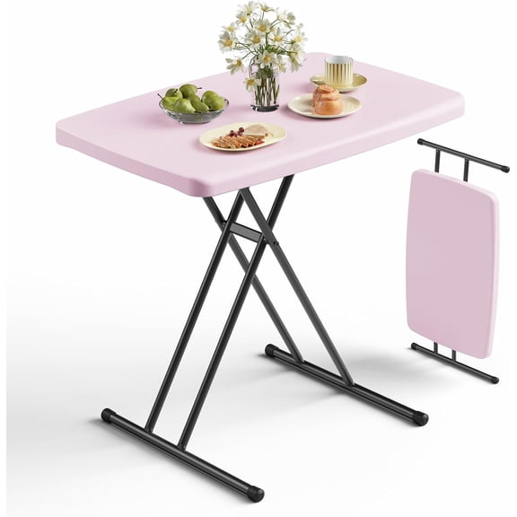Folding Table 30 Inch - Small Desk Adjustable Height TV Tray for Laptop, Couch, Camping - Heavy Duty Utility Foldable Table for Small Spaces, No Assembly Required, Granite (Pink)