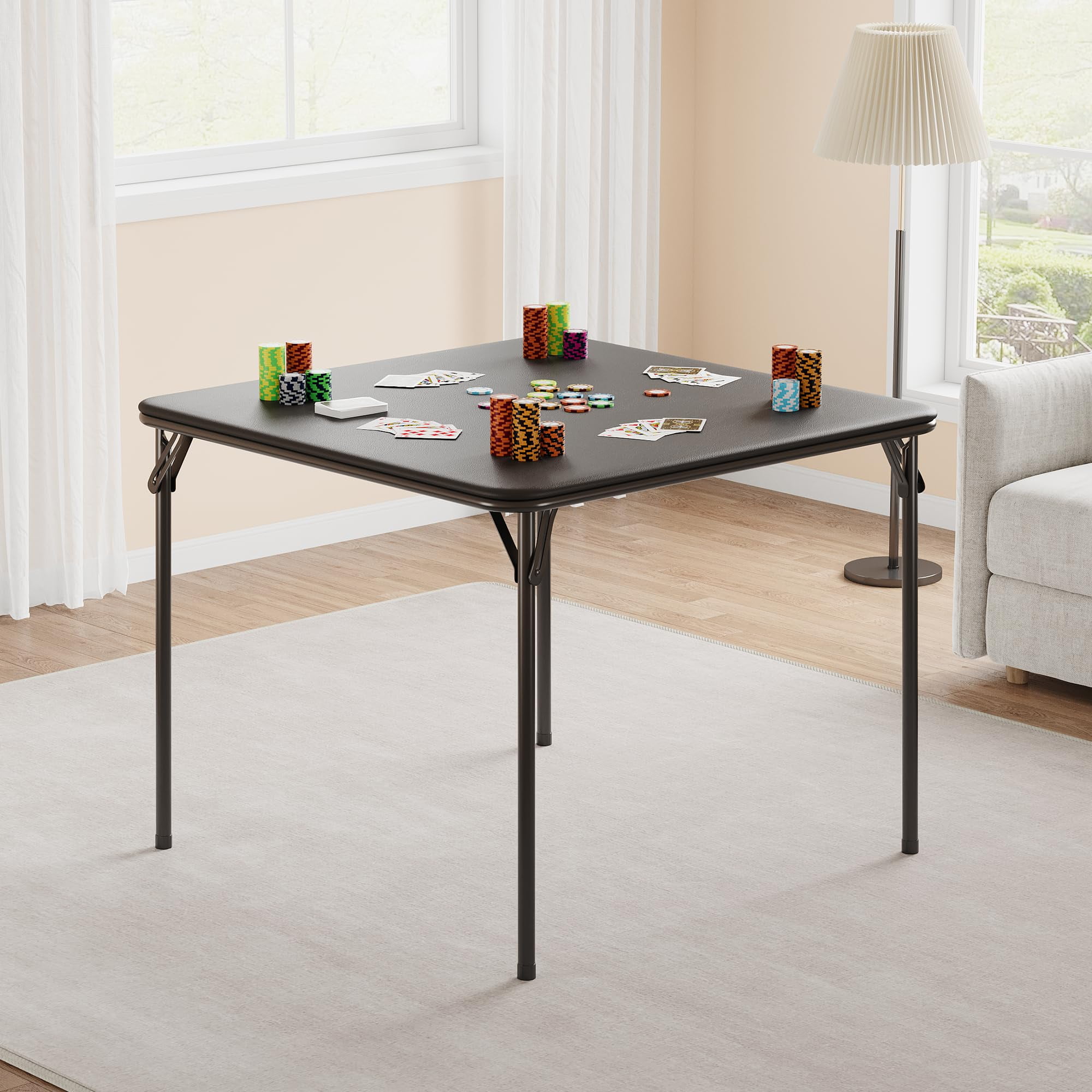 Black Metal 33.6-inch Portable Folding Card Table with PU Cushion