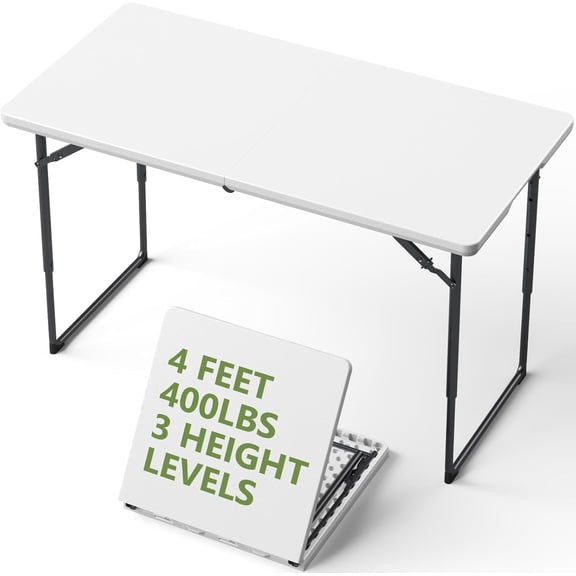 Folding Table, 4 FT Foldable Plastic Table with Adjustable Height, Heavy Duty Fold in Half Utility Table, Portable Picnic Table for Camping, Parties, RV Travel, Banquet