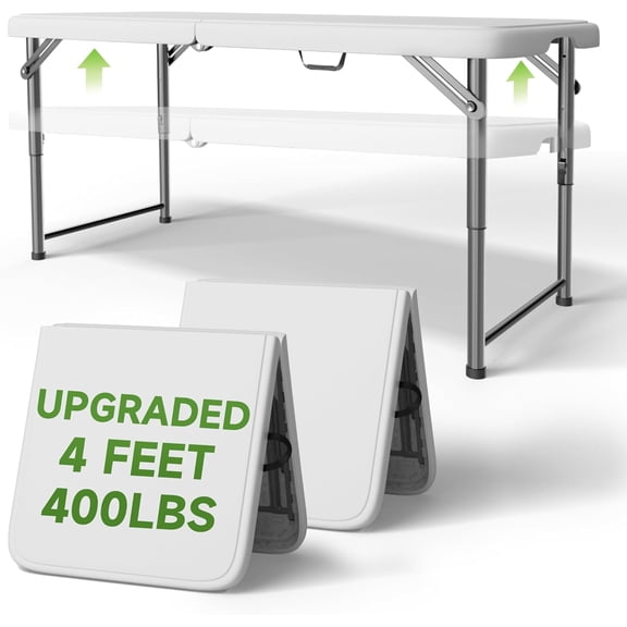 Folding Table 4 Foot - 2-Position Adjustable Height, Heavy Duty 400 lbs Capacity - Portable Tables Folding for Camping, Party, Indoor & Outdoor Use, 2 Pack