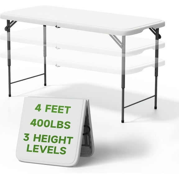 Folding Table 4 Foot - 3-Position Adjustable Height, Heavy Duty 400 lbs Capacity - Portable Tables Folding for Camping, Party, Indoor & Outdoor Use, 1 Pack