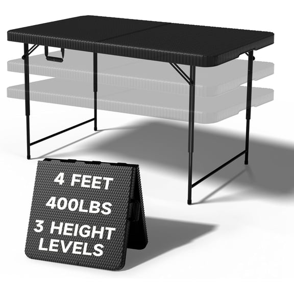 Folding Table 4 Foot, 3-Position Adjustable Height, Heavy Duty 440LBS Capacity, HDPE Wicker Pattern, Portable Tables Folding for Camping, Party, Indoor & Outdoor Use, 1 Pack.