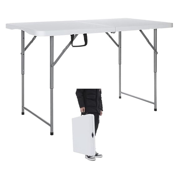 Folding Table 4 Foot Heavy Duty Plastic Utility Table Portable Adjustable Height - White, 330lb Capacity, Indoor/Outdoor, Camping, Sewing, Party