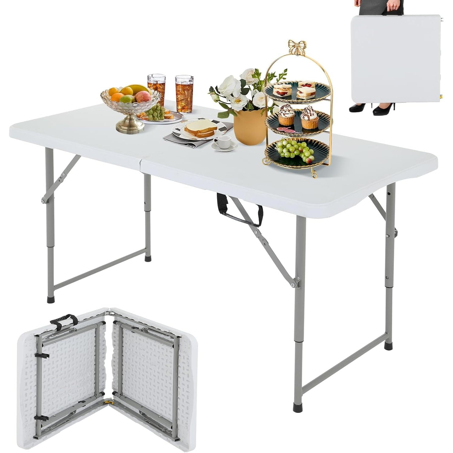 White 4' Portable Folding Picnic Table with Steel Legs